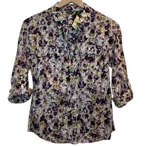 Eddie Bauer Floral Double Breasted Pocket Purple Floral Cotton Button-Up XS